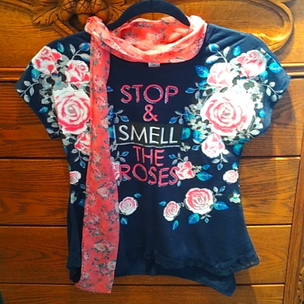 Stop and Smell the Roses short tee with a cute floral pattern and scarf.